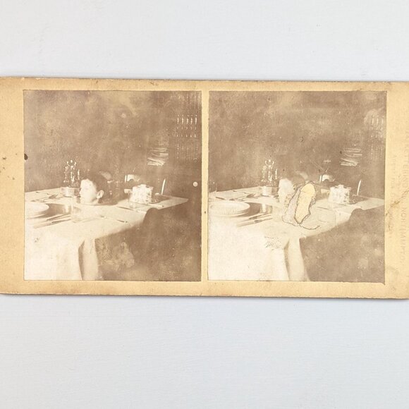 AS-IS English Stereoview card "Lady head for dinner" Victorian trick photography - Picture 1 of 9